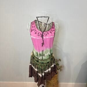 Cute vintage tie dye embroidered swing sun dress tunic